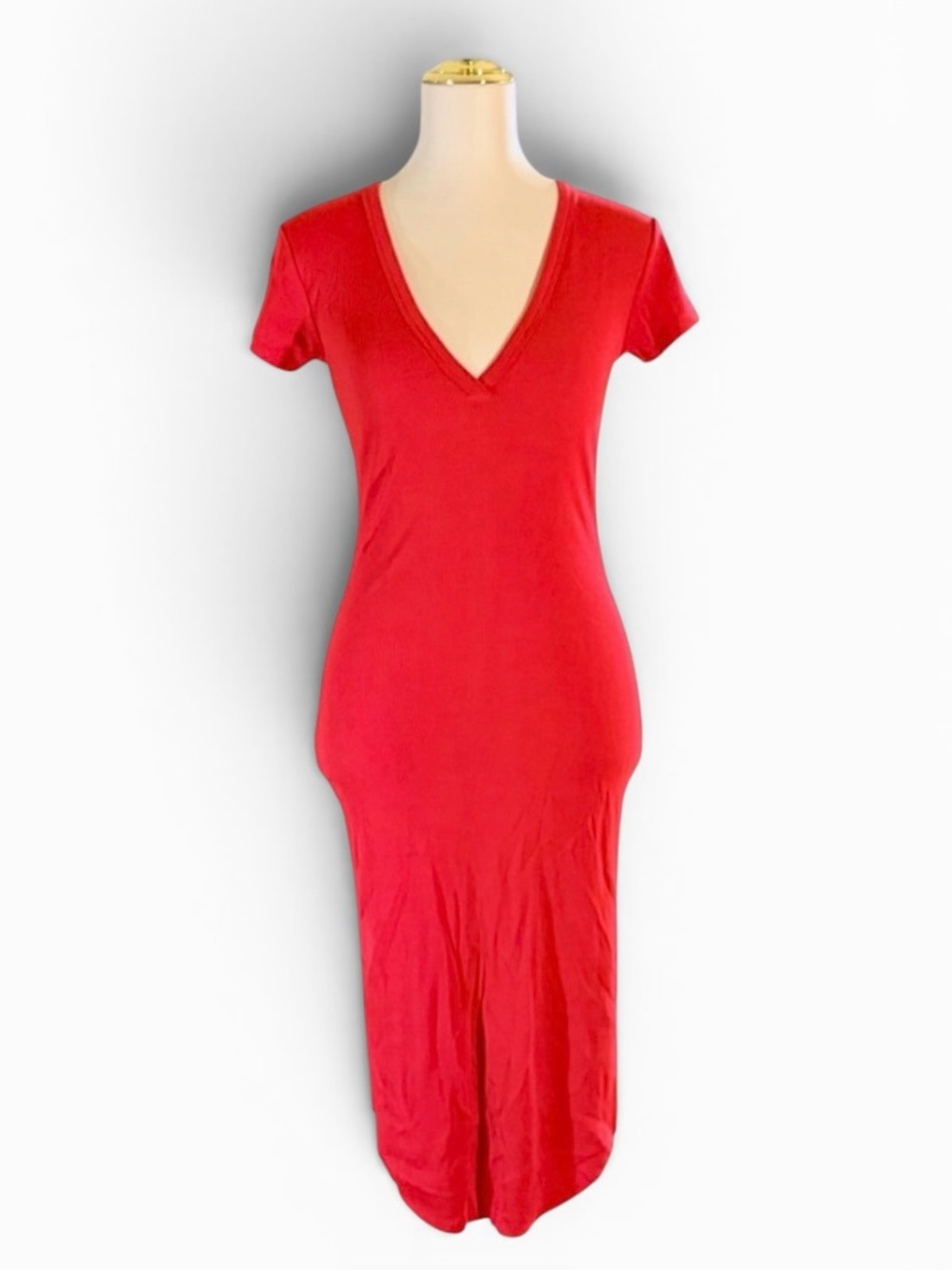 Aritzia Wilfred Red V-Neck Bodycon Midi Dress Size S Short Sleeve Stretch Knit